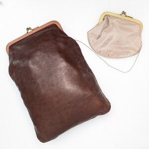 Vintage 60s Budd Leather Kiss Lock Clutch Coin Purse Brown Tan Wallet Purse Set
